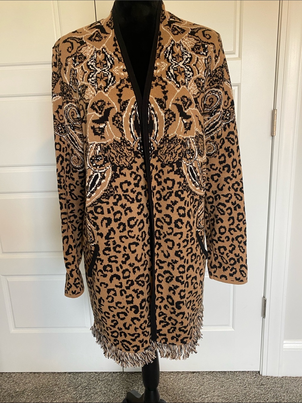 Chico's Tan Black Leopard & Paisley Open Cardigan
